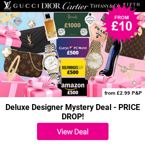From £9.99 for a standard deluxe designer mystery deal, £19.99 for a premium deluxe designer mystery deal - Louis Vuitton, Gucci , £1000 Gift Cards, Dior, Cartier, Tiffany, Fifth NYC and more!