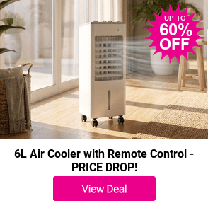 From £59 instead of £99.99 for a 6L air cooler with two reusable ice boxes and caster wheels from Electrics R Us — save up to 69%. Features three fan speeds, left and right swing, an 8-hour timer, and negative ion purification for fresher, cooler air all summer long.
