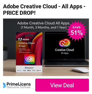 From £39 instead of £58.90 for an Adobe Creative Cloud All Apps (1 month, 3 months, and 1 year) - access for 1 user on 2 devices from PrimeLicense - save up to 34%
