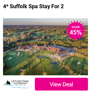 Escape to the beautiful County of Suffolk and stay at the 4* Ufford Park Resort. This Spa Break for two includes Full English Breakfast, Leisure Access, Late Checkout,  £10 Spa Treatment Voucher and the option to upgrade to a deluxe Dinner experience. Save up to 45%! 