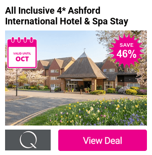 4* Ashford International Hotel & Spa stay in Kent for two, with breakfast, afternoon tea or cream tea, dinner, 4-drink vouchers per person and late checkout. Upgrade options available for a 2-night stay or treatments package. Save up to 44%.