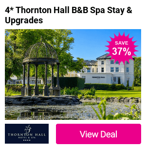 A Wirral overnight getaway for 2 at the 4* Thornton Hall Hotel & Spa with breakfast, cream tea, and optional upgrades for a spa treatment (Japanese Head Spa or Mud Rasul) and dining credits. Save up to 37%!
