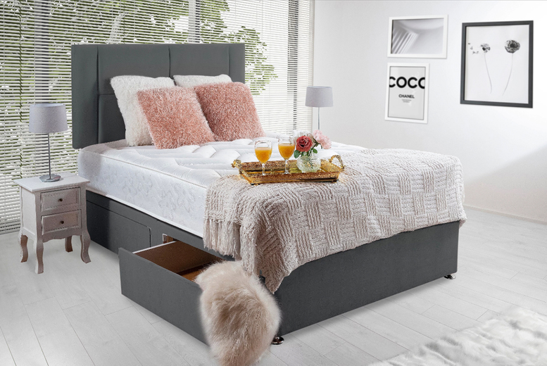 Charcoal Plush Velvet Divan Bed with Mattress & Headboard - 6 Sizes