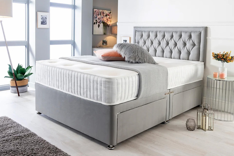 Grey Suede Divan Bed Set, Memory Foam Mattress & Headboard Grey Suede Divan Bed Set, Memory Foam Mattress & Headboard