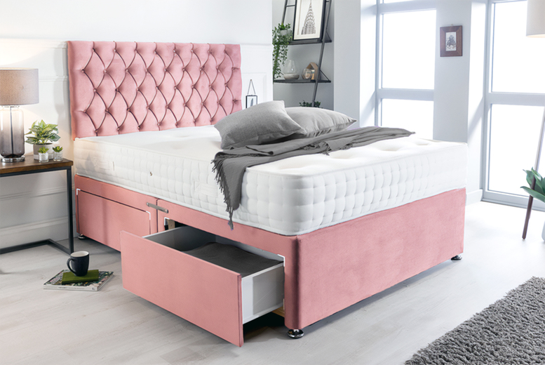 Pink Plush Divan Bed Set with Headboard & Open Sprung Mattress Pink Plush Divan Bed Set with Headboard & Open Sprung Mattress