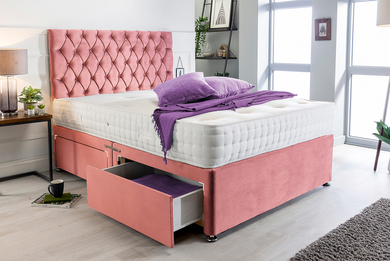 Pink Plush Divan Bed Set with Headboard & Open Sprung Mattress