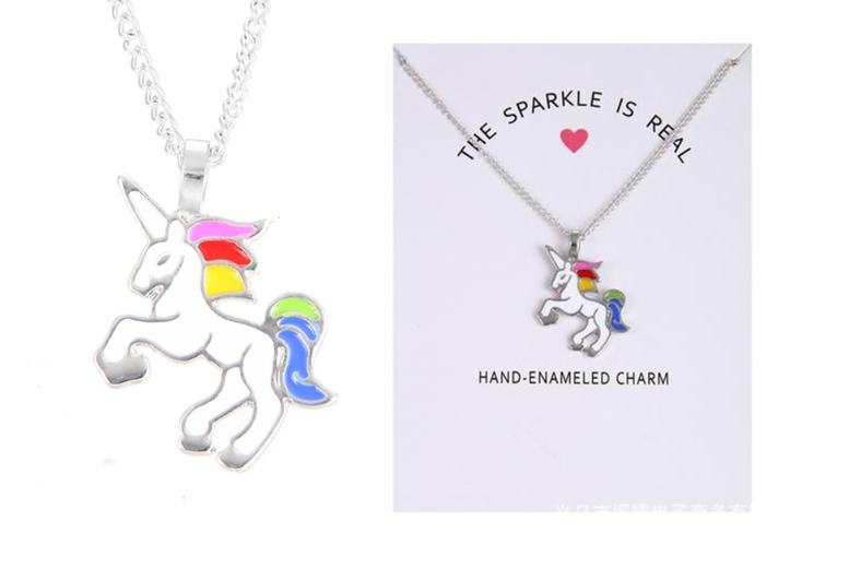 Rainbow Unicorn Pendant Necklace for Kids – White Gold-Plated, Colourful Chain, Lobster Clasp | Wowcher