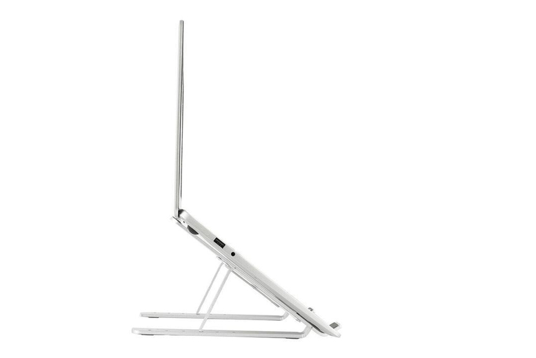 Silver Aluminium Adjustable Laptop Stand – Ergonomic, Foldable Desk Riser for Living Room Workspaces | Wowcher
