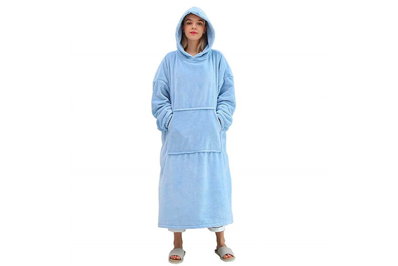 Unisex Grey Oversized Plush Hooded Blanket – Lightweight Fleece Loungewear for All Genders | Wowcher