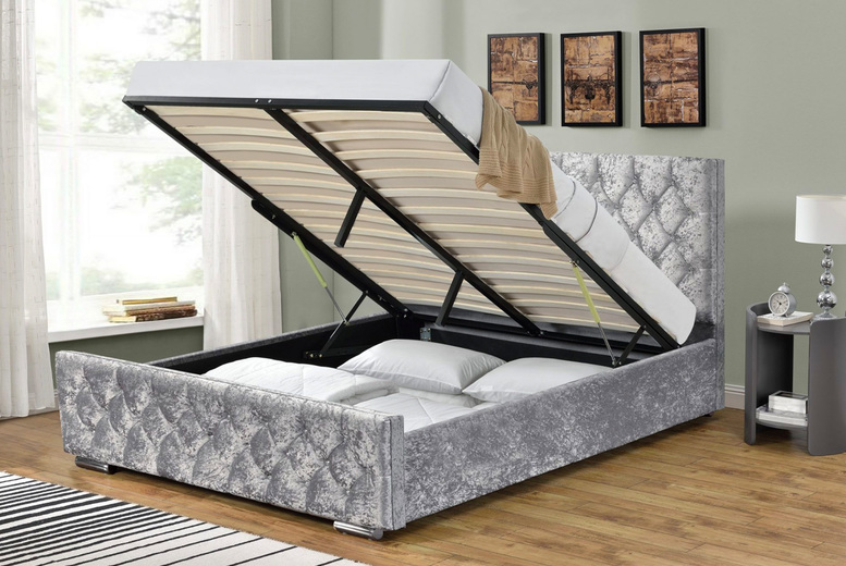 Silver Crushed Velvet Double Ottoman Bed - Mattress Options