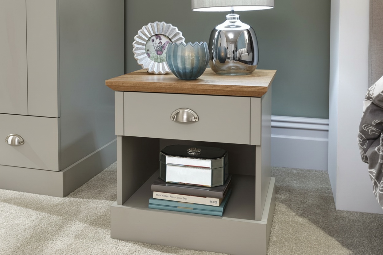 Contemporary Light Grey & Oak 1-Drawer Bedside Table – Modern Bedroom Storage, Compact Nightstand | Wowcher