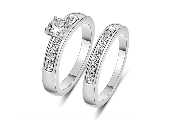 Double Crystal Zircon Stackable Ring Set – Sterling Silver Style, Gift Boxed, 4 Sizes | Wowcher