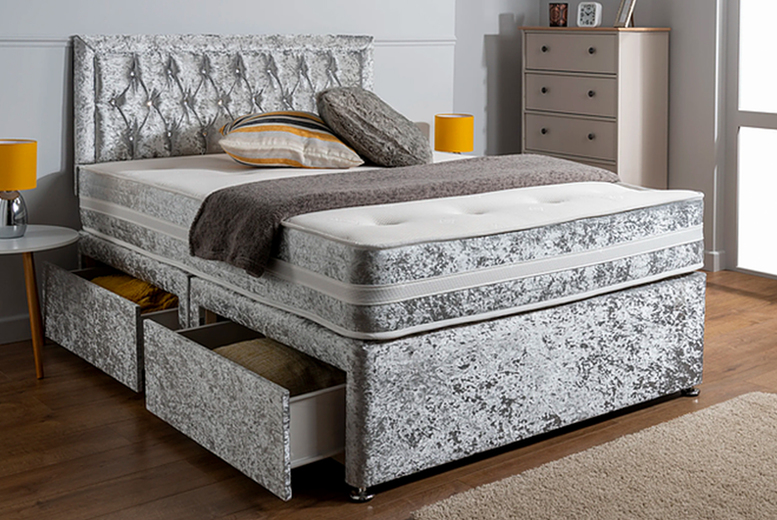 Silver Crushed Velvet Divan Bed & 10