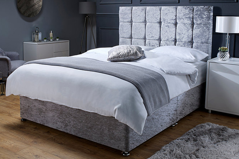 Silver Crushed Velvet Bed & Mattress - Storage Options