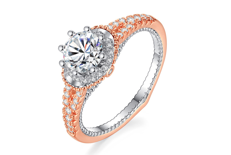 Rose Gold Crystal Double Ring Set - Stackable Cubic Zirconia Statement Rings, 4 Sizes | Wowcher