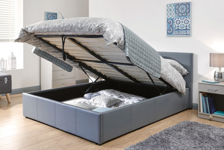 Grey Faux Leather Ottoman Bed with Mattress Options - 4 Sizes