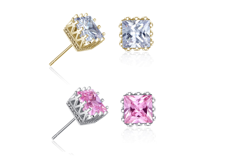 Crown Crystal Stud Earrings – Hypoallergenic Pink or Clear Cubic Zirconia, Gold & Silver Tone, 0.5″ Studs | Wowcher
