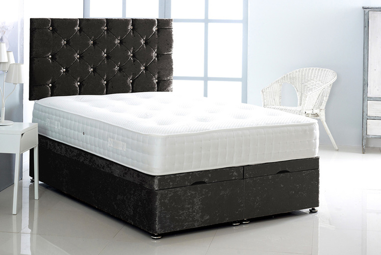 Crushed Velvet Ottoman Bed, Memory Mattress & Headboard