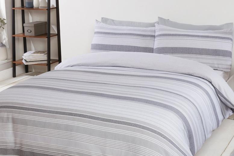 From £11.99 instead of £32.99 for a chambray stripe bedding set from Five Minutes More - choose from four sizes and sa