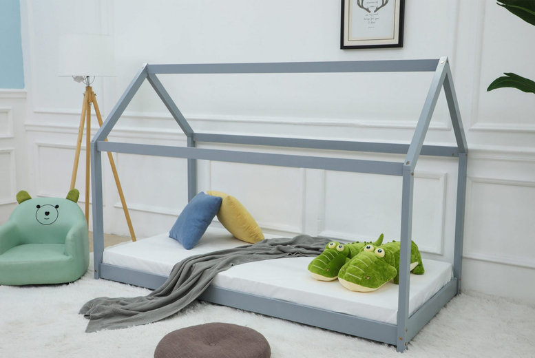 Grey Single Wooden House Bed Frame - Mattress Options