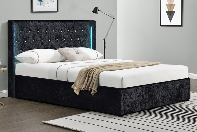 Black Crushed Velvet Wingback LED Bed - Optional Mattress