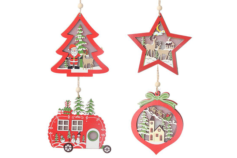 4pc Pre-Lit Wooden Christmas Tree Hanging Decoration Set – Nordic Bauble, Star & Caravan | Wowcher