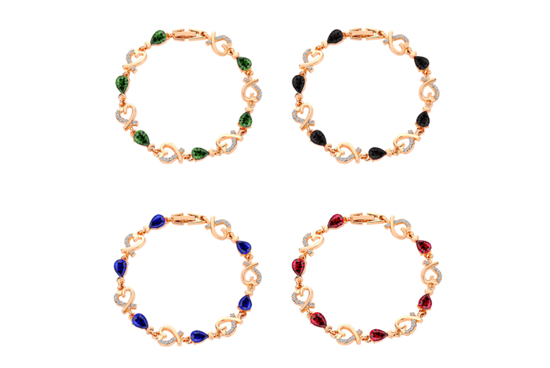 Rose Gold Linked Heart Crystal Bracelet - Hypoallergenic, 18cm, Fold-Over Clasp | Wowcher