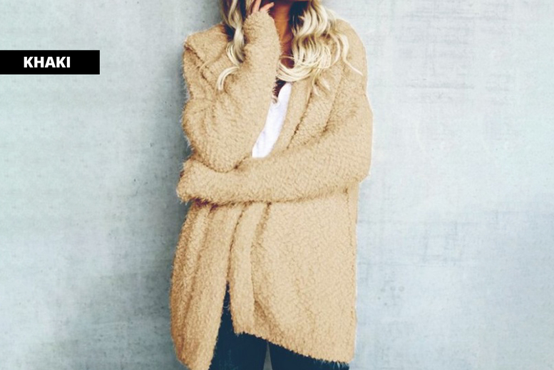 UK 10/ KHAKI: A women's fluffy hooded cardigan | Wowcher