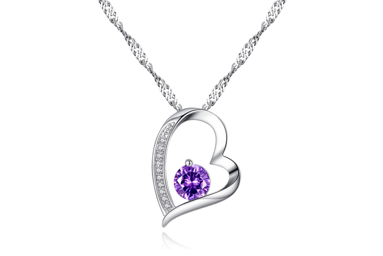 Heart Necklace & Earrings Set - Sterling Silver & Purple Gemstones | Wowcher