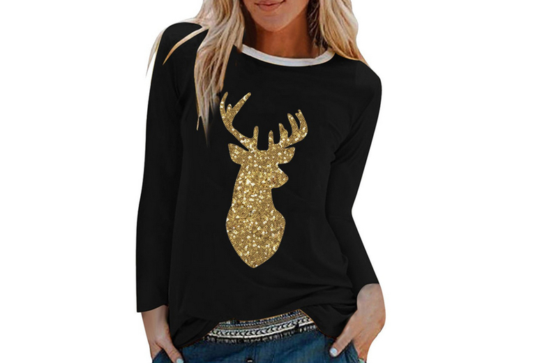Novelty Christmas Antler Sequin T-shirt – 100% Polyester, Unisex, Relaxed Fit, UK Sizes 10-18 | Wowcher