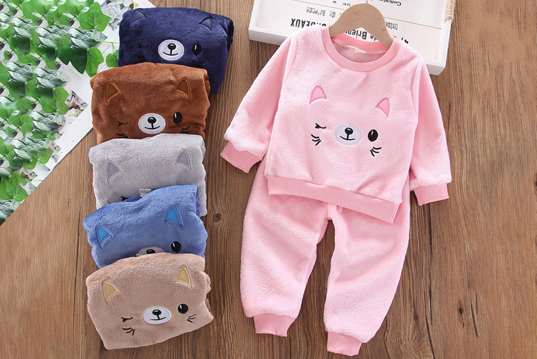Kids’ Flannel Cat Pyjama Set – 6 Sizes & Colours! Deal Price £10.99