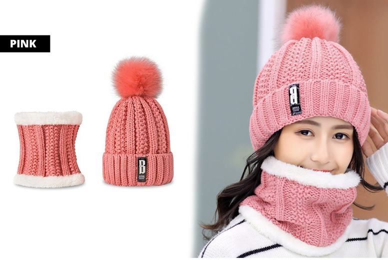 Unisex PINK: Knitted scarf and hat set - 7 colours | Wowcher