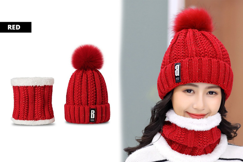 Unisex RED: Knitted scarf and hat set - 7 colours | Wowcher