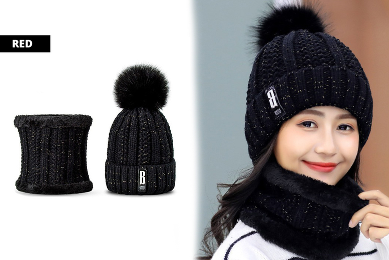 Unisex BLACK: Knitted scarf and hat set - 7 colours | Wowcher
