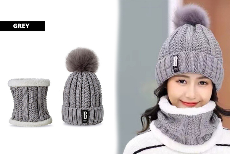 Unisex GREY: Knitted scarf and hat set - 7 colours | Wowcher