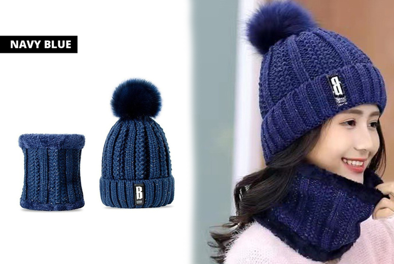 Unisex NAVY: Knitted scarf and hat set - 7 colours | Wowcher