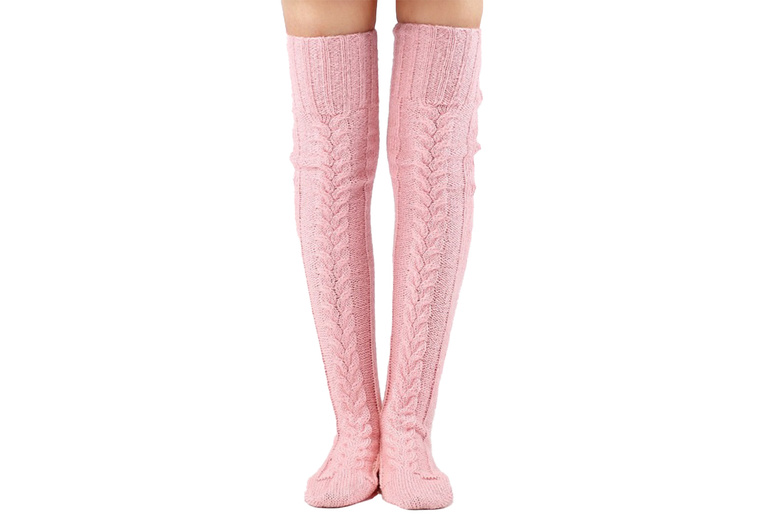 Women’s Pink Fuzzy Cable Knit Thigh High Socks – Cosy Acrylic Winter Warmers, One Size, 6 Colours | Wowcher