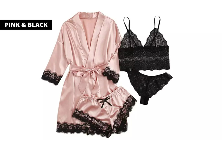 Pink Women’s Lightweight Satin 4-Piece Summer Pyjama Set – Breathable Loungewear with Lace Detail | Wowcher