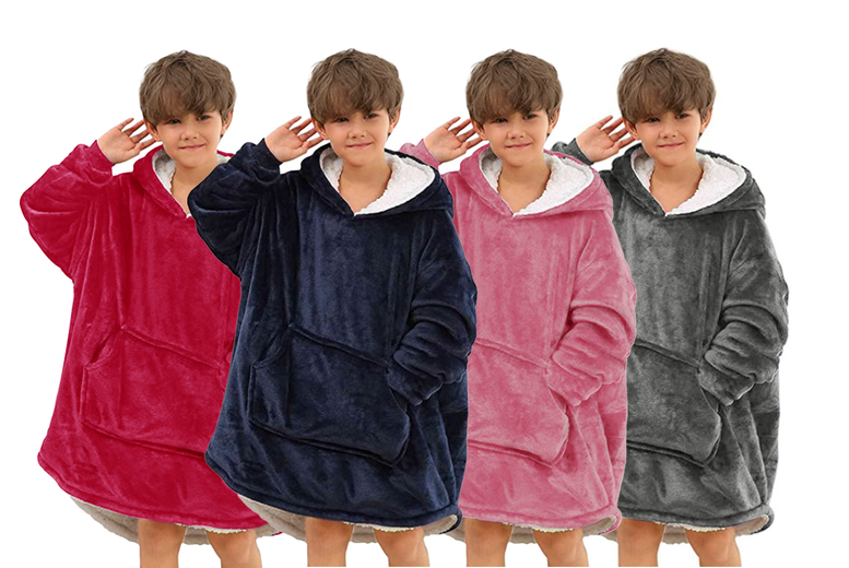 Kids Fleece Hoodie Blanket – Red, Blue, Grey or Pink Deal Price £17.99