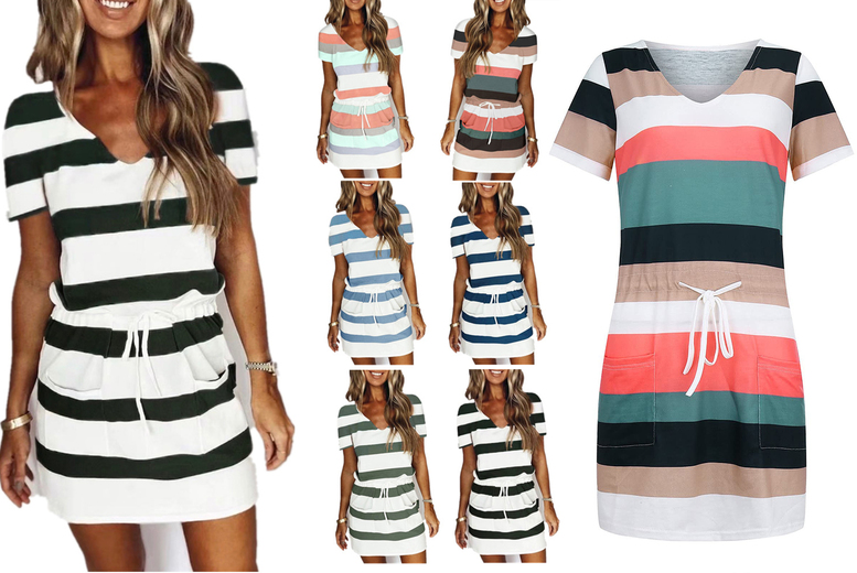 Women’s Casual Striped T-Shirt Dress – 6 Colours! Deal Price £12.99