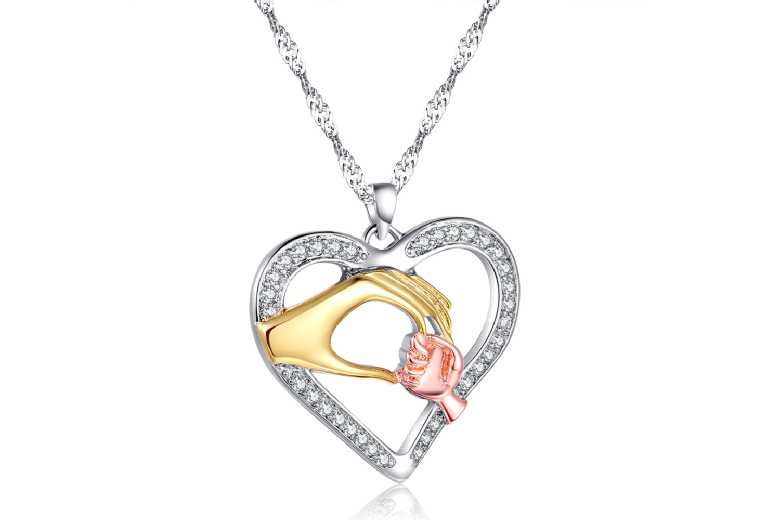 Caring Hands Crystal Heart Pendant – Two-Toned Elegance | Wowcher