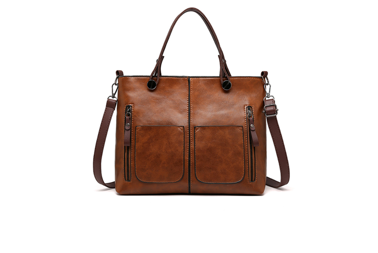 Unisex Brown Vintage Vegan Leather Tote Bag – Classic Shoulder Handbag, Spacious & Lightweight, Multiple Pockets | Wowcher