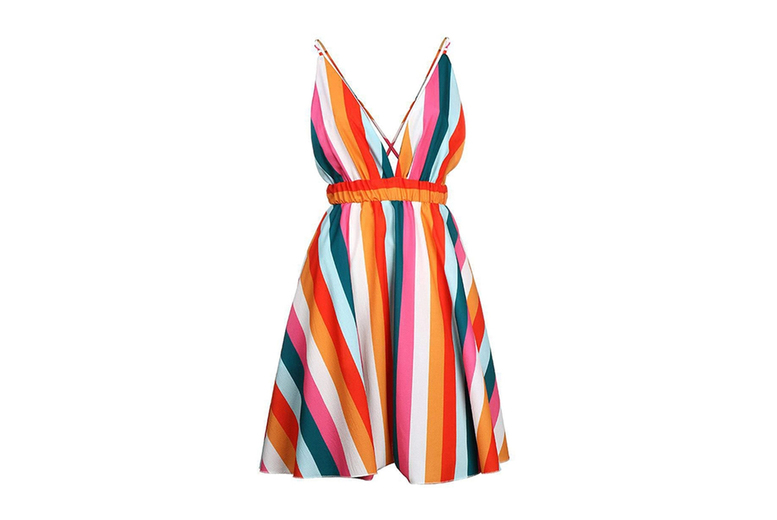 Black Women’s Cotton Blend Summer Halter Midi Dress – Rainbow Stripe, Sleeveless, Breathable, Relaxed Fit | Wowcher