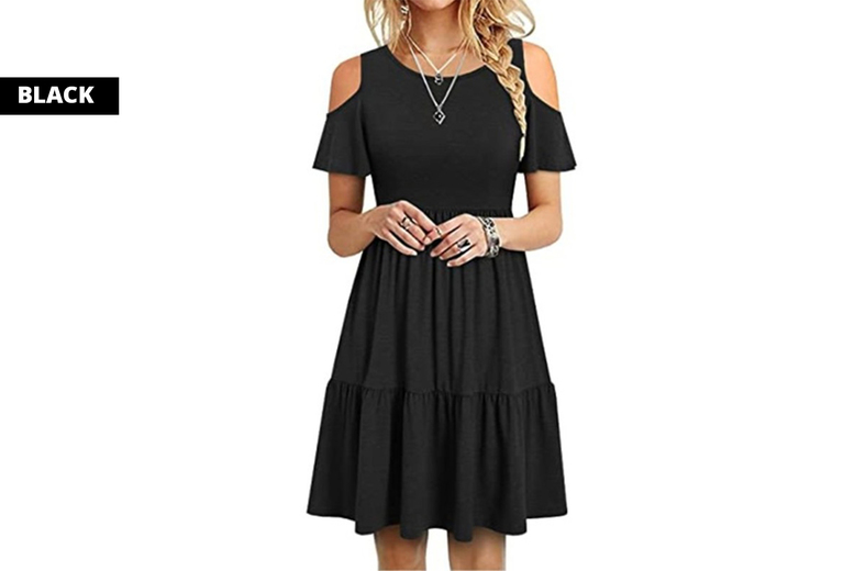 Black Women’s Cotton Blend Off Shoulder Summer Dress – Breathable, Relaxed Fit, Multi-Colour, UK 4-12 | Wowcher