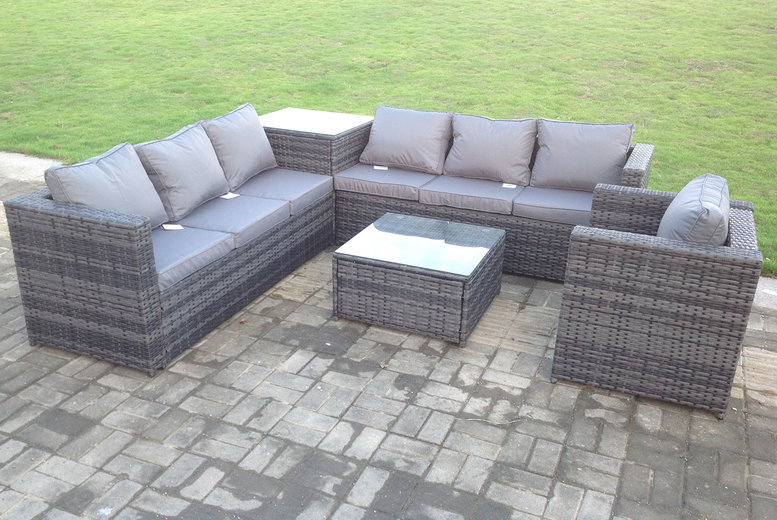 £749 for a seven-seater grey rattan garden furniture set including a sofa set, armchair and two coffee tables from Fimous £749 for a seven-seater grey rattan garden furniture set including a sofa set, armchair and two coffee tables from Fimous