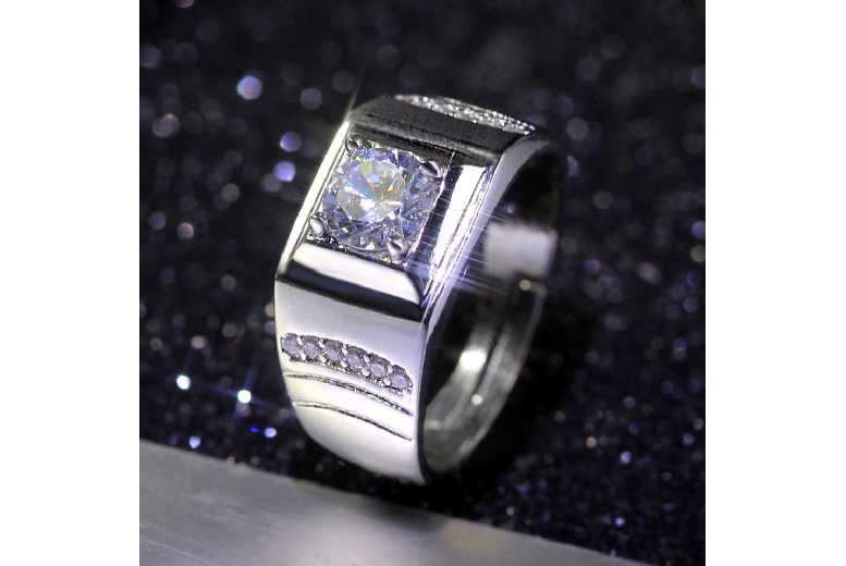 Sterling Silver Adjustable Crystal Statement Ring – Modern Open Band, Rhodium Plated, Clear Crystal Accents | Wowcher