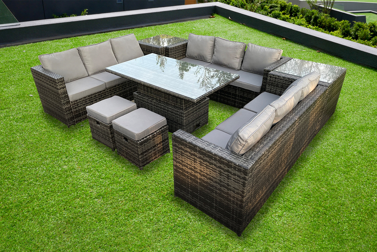 £1,199 instead of £2,494.44 for a 11-seater u-shaped polyrattan sofa with adjustable dining or coffee table from Fimous – save 52% £1,199 instead of £2,494.44 for a 11-seater u-shaped polyrattan sofa with adjustable dining or coffee table from Fimous – save 52%