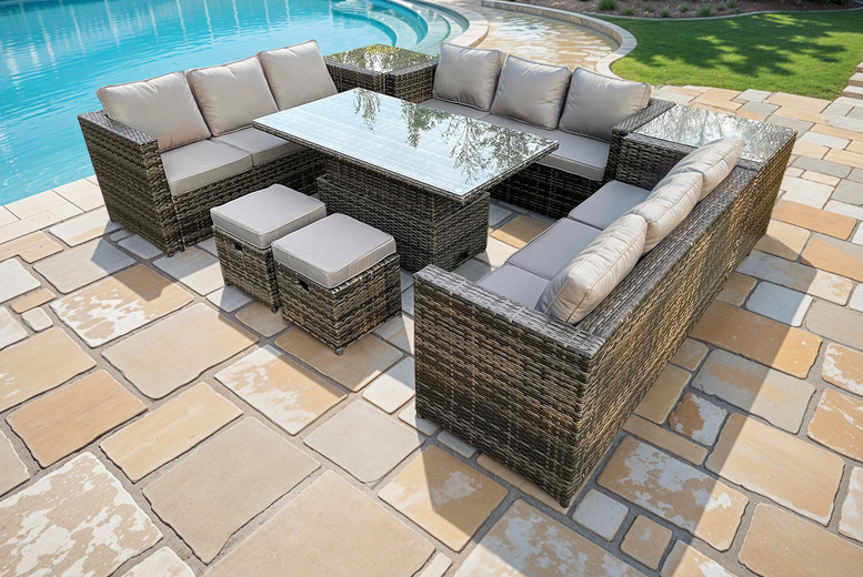 11-Seater Weatherproof Polyrattan U-Shaped Garden Dining Set with Adjustable Table | Wowcher 11-Seater Weatherproof Polyrattan U-Shaped Garden Dining Set with Adjustable Table | Wowcher