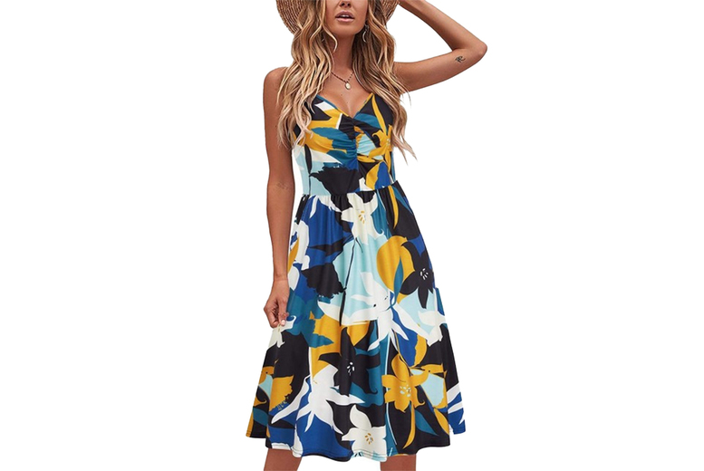 Women’s Navy Effortless Summer Midi Dress – V-Neck, Adjustable Straps, Lightweight Polyester, 5 Sizes, 6 Prints | Wowcher