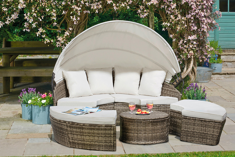 £449 instead of £789.99 for a tonal grey four-piece polyrattan day bed, canopy and table garden furniture set or £469 to include a cover from Thompson & Morgan – save up to 43% £449 instead of £789.99 for a tonal grey four-piece polyrattan day bed, canopy and table garden furniture set or £469 to include a cover from Thompson & Morgan – save up to 43%